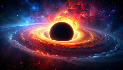 Cosmic vortex around a black hole. A vibrant display of swirling nebulae in contrasting colors surrounding a dark, central black hole