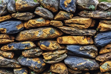 Close-up view of a stone wall, various shades of brown and gray
