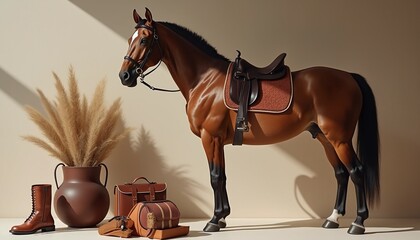 Stylized image of a horse alongside high-end equestrian accessories