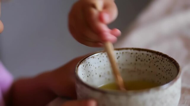 Child's hands stirring liquid in a light-colored ceramic bowl