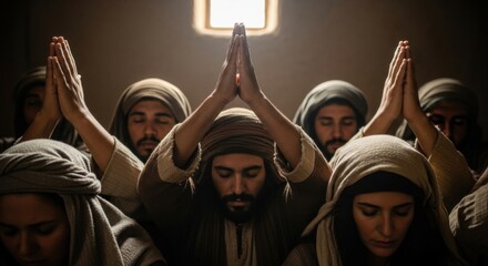 Men and a woman in biblical times praying with hands clasped together, worship and spiritual gathering for religious concept.