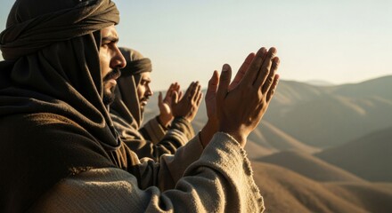 Men praying with hands raised in desert. Early Christian worship and biblical times. Spirituality and devotion concept.