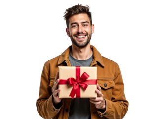 Happy young man smiling holding gift present box isolated on transparent background