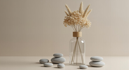 Minimalist still life with dried flowers in a glass vase and smooth stones