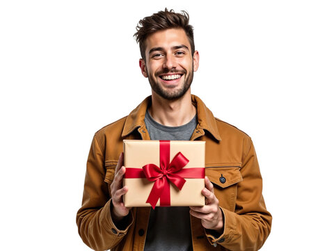Happy young man smiling holding gift present box isolated on transparent background - Powered by Adobe