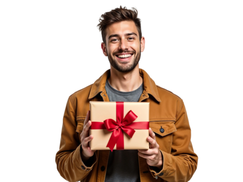 Happy young man smiling holding gift present box isolated on transparent background - Powered by Adobe