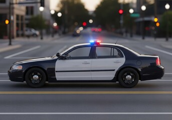 Fototapeta premium Police car driving down city street