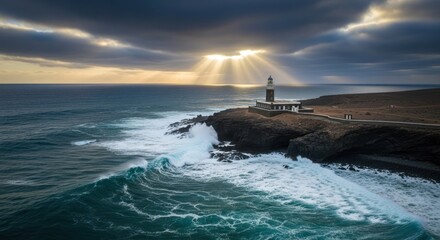 Dramatic seascape with lighthouse.  Powerful waves crash against a rocky shore, with a lighthouse positioned atop a craggy cliff.  Sunbeams pierce a dramatic, stormy sky