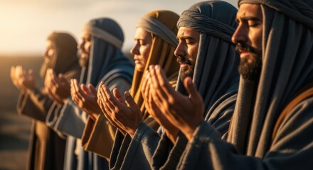 Naklejka premium A group of men in biblical robes engaged in prayer, with hands raised and eyes closed. Ancient christianity and evangelism.