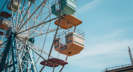 Ferris wheel against a clear blue sky. Colorful passenger gondolas are visible