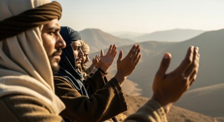 Group of ethnic men praying with raised hands in ancient religious setting. Biblical times concept for spiritual faith depiction.