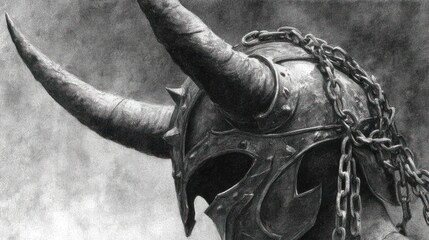 Dark, horned helmet, chains, monochrome.  Detailed metalwork