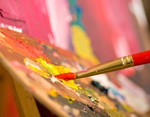 Fototapeta premium Close-up of vibrant multicolored paint on artist's palette with brush detail