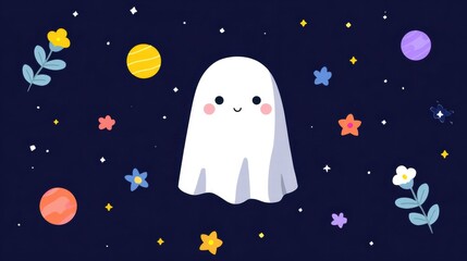 Fototapeta premium Smiling Cartoon Ghost Floating in a Whimsical Cosmic Garden