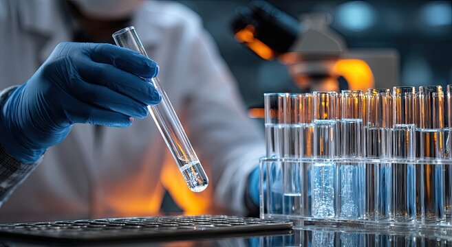 Close-up of scientist holding test tube.  Laboratory setting with various test tubes and a microscope