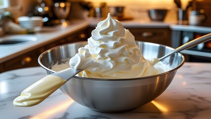 Whipped Cream Delight: A close-up shot captures the artistry of whipped cream, a culinary masterpiece perfectly styled in a stainless steel bowl with a spatula, evoking creamy indulgence