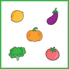 cartoon vegetables lemon brinjal pumpkin cauliflower tomato vector art for kids