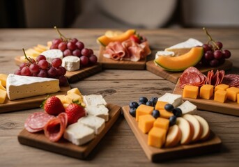 Photo of assortment of gourmet cheeses, cured meats, fresh fruits like grapes and strawberries, and melon arranged on rustic wooden boards for a delightful appetizer or party spread
