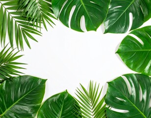 Vibrant tropical leaves creating a lush natural frame on a crisp white background, perfect for summer designs, wellness product promotions, or eco-friendly advertisements with ample space for text.