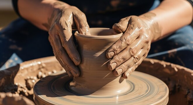 Hands shaping clay on a pottery wheel (1) - Powered by Adobe