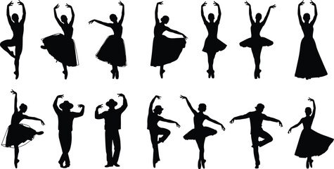 Ballet dancer silhouettes in elegant poses, arabesques, pirouettes, duets, classical dance stances, black vector icons on white background © Rifat Creatives