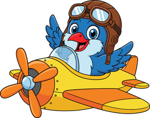 Cartoon blue bird pilot in toy airplane, aviator goggles and helmet, cheerful flying character, colorful children’s illustration, vector art © Rifat Creatives