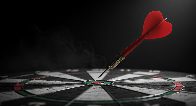 Red dart hitting the bullseye on a dartboard with a dark background