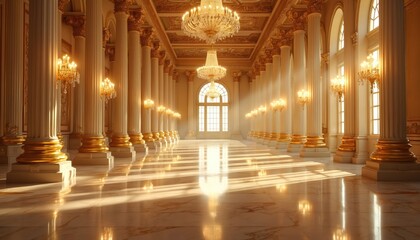 Obraz premium Opulent gold palace interior with classical columns, chandeliers. Sunlight streams through large windows, illuminating marble floors. Resplendent grandeur, luxurious, majestic design creates