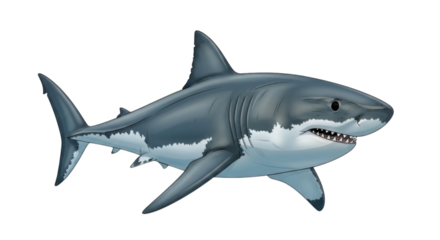 Great white shark swimming in ocean depths, detailed illustration, transparent background, cutout PNG
