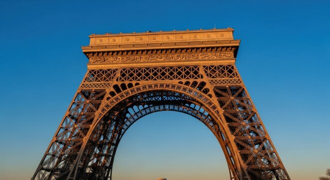 Low-angle view of a metal archway structure, likely part of a famous landmark. Ornate ironwork is detailed, lit by a golden-toned sunrise or sunset - Powered by Adobe