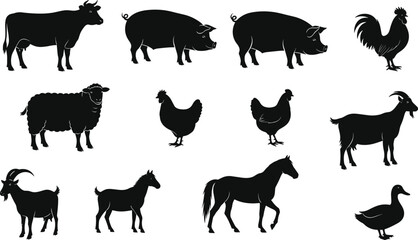 Farm animal silhouettes set, cow, pig, horse, goat, sheep, chicken, duck, rooster, kid, foal, vector icons for education