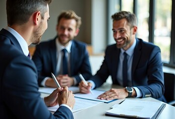 Fototapeta premium A group of businessmen and lawyers discusses contract documents, consultation