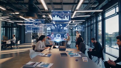 Team meets around table with hologram screens, team meeting shares data, hologram lights guide team meeting ideas, calm collaboration lifts team meeting spirit. Concept digital strategy - Powered by Adobe