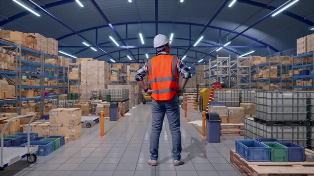 Full Body Back View Of A Male Engineer Wearing Safety Helmet Looking Around While Standing With Arms Akimbo in Spacious Warehouse with Rows of Shelving