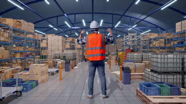 Full Body Back View Of A Male Engineer With Safety Helmet Raising His Hands Celebrating While Working in Spacious Warehouse with Rows of Shelving