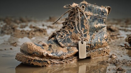 Dirty and Worn Military Boot in Thick Muddy Environment