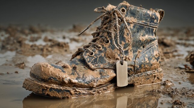 Dirty and Worn Military Boot in Thick Muddy Environment