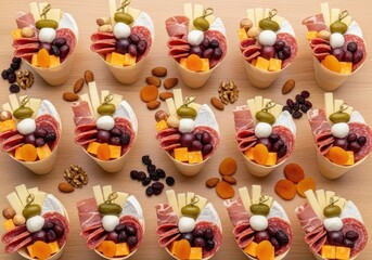 Photo of an abundant spread of individual meat and cheese appetizers, featuring grapes, olives, and peppers, artfully arranged on a wooden surface for a delightful party