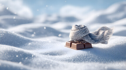 Chocolate Bar on Snow with Scarf A Winter Delight of Sweetness and Warmth in a Snowy Landscape