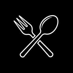Cutlery Icon on Black Background: A simple, stark, yet stylish illustration showcases a fork and spoon gracefully crossed, rendered in crisp white against a deep black backdrop. Representing food.