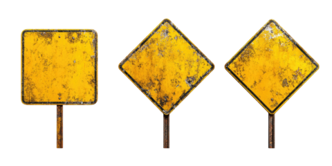 Three weathered yellow road signs, square and diamond-shaped, on dark background.  Signs show signs of age and wear