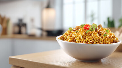 Ramen noodles in bowl with toppings