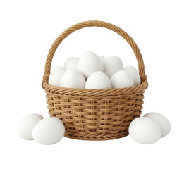 Basket filled with white eggs on a rustic surface with scattered eggs around it, transparent background, cutout PNG