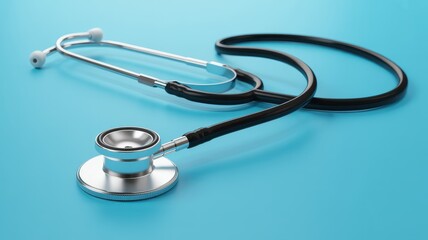 Close up of a shiny metallic stethoscope lying on a bright blue background in a professional studio shot