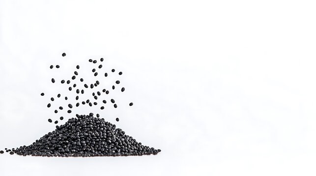 Small black seeds falling onto a pile against a white background
