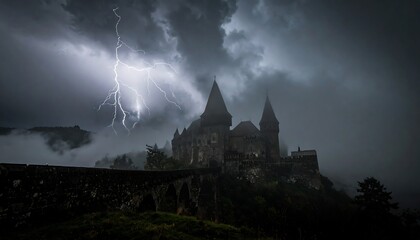 Dramatic castle and lightning storm