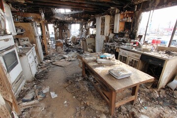 Abandoned kitchen in a deteriorating house reveals remnants of past life