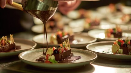 Chocolate dessert being poured over a beautifully arranged dessert plate.