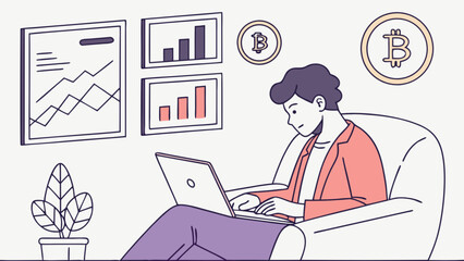 Man sitting on a couch using a laptop with charts and bitcoin icons in the background on the wall