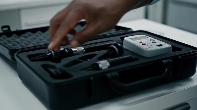 An open, black medical case on a white surface holds examination tools with a device and buttons. Soft-focus background